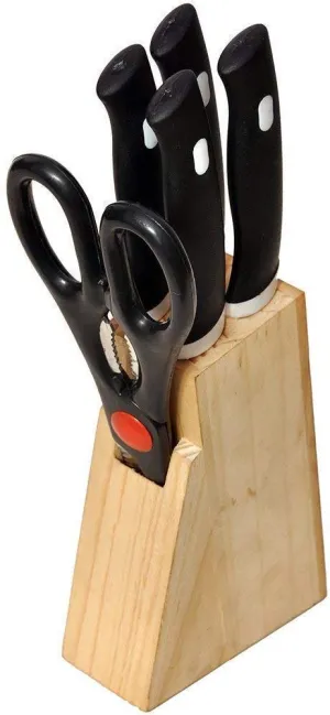 0102 Kitchen Knife Set with Wooden Block and Scissors (5 pcs, Black)