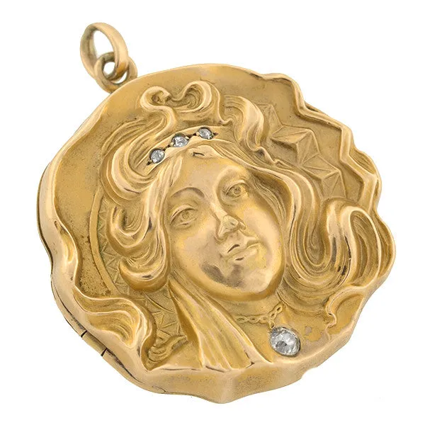 Art Nouveau 15kt Repousse & Diamond Maiden Locket