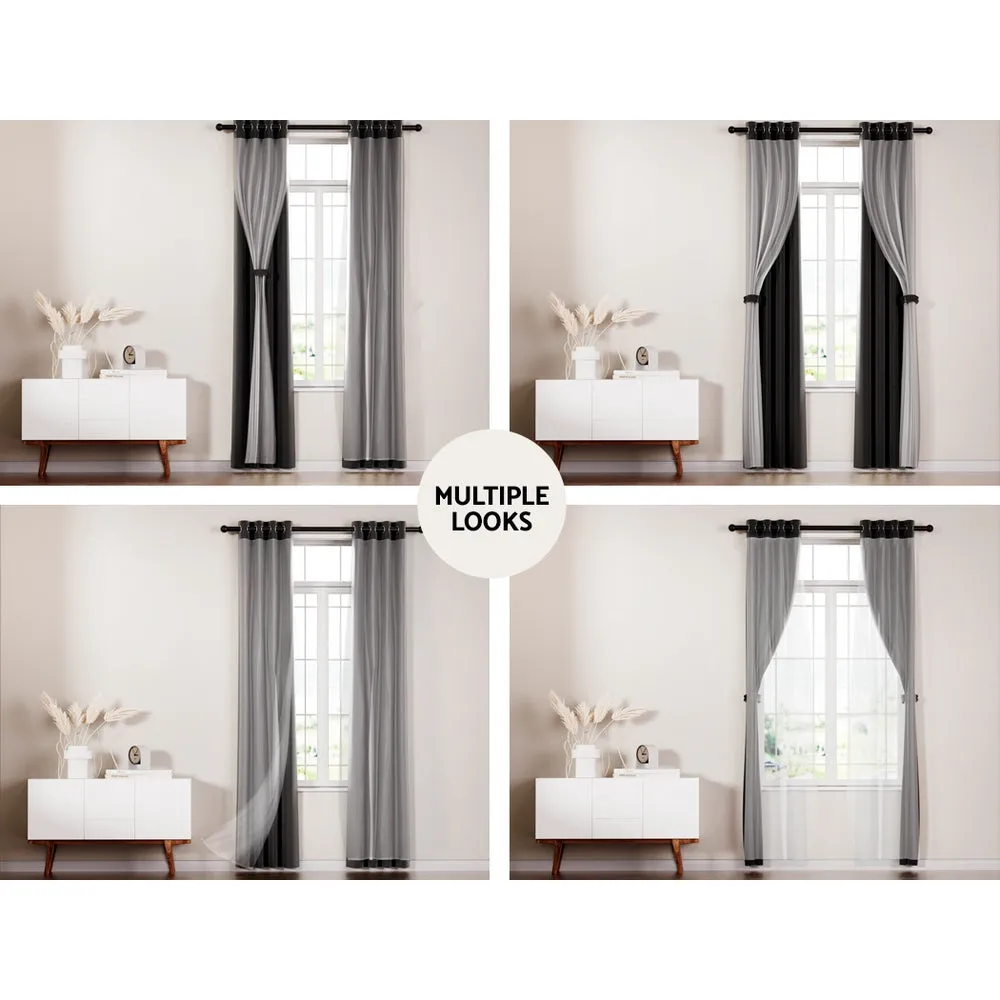 Artiss 2X 132x242cm Blockout Sheer Curtains Black