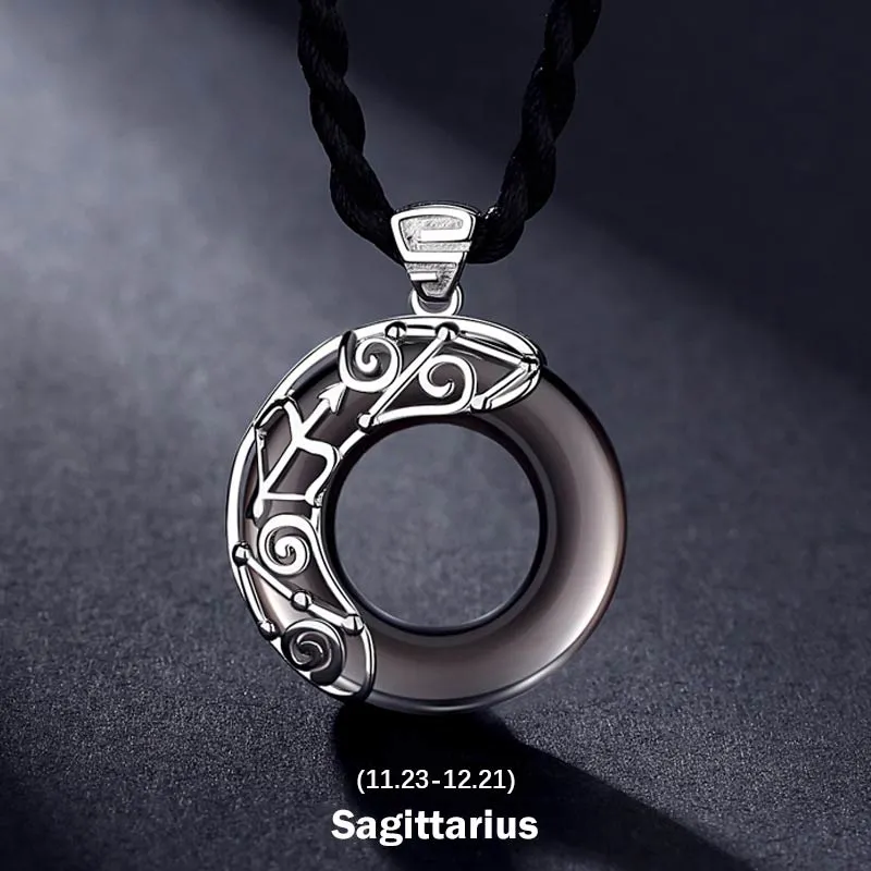 Buddha Stones 12 Constellations of the Zodiac Ice Obsidian Blessing Round Pendant Necklace