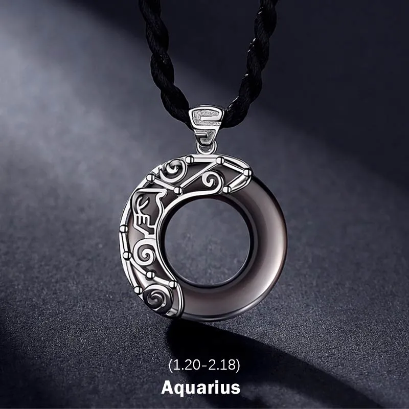 Buddha Stones 12 Constellations of the Zodiac Ice Obsidian Blessing Round Pendant Necklace