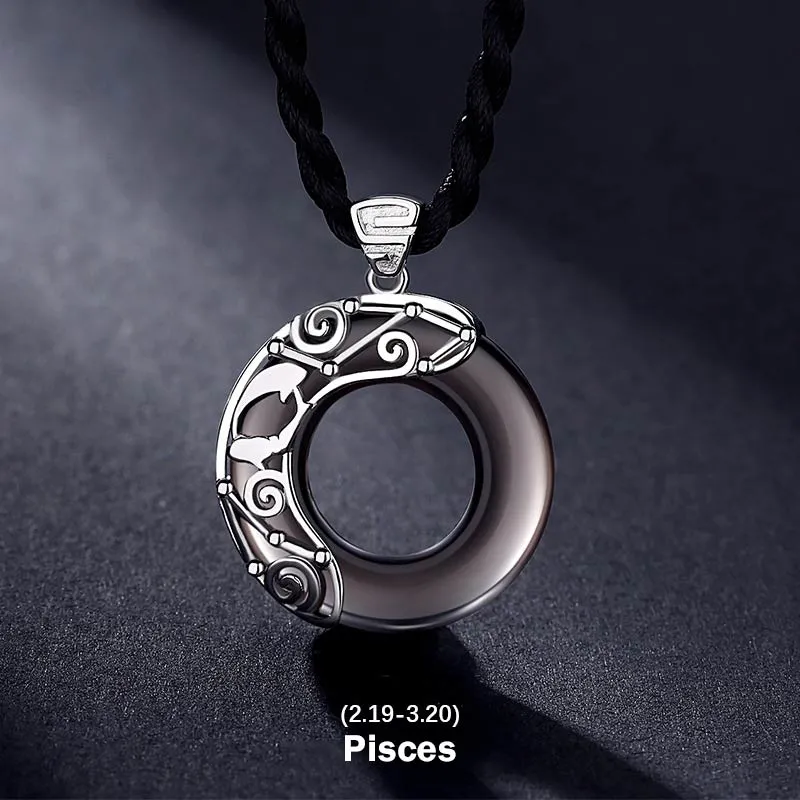 Buddha Stones 12 Constellations of the Zodiac Ice Obsidian Blessing Round Pendant Necklace