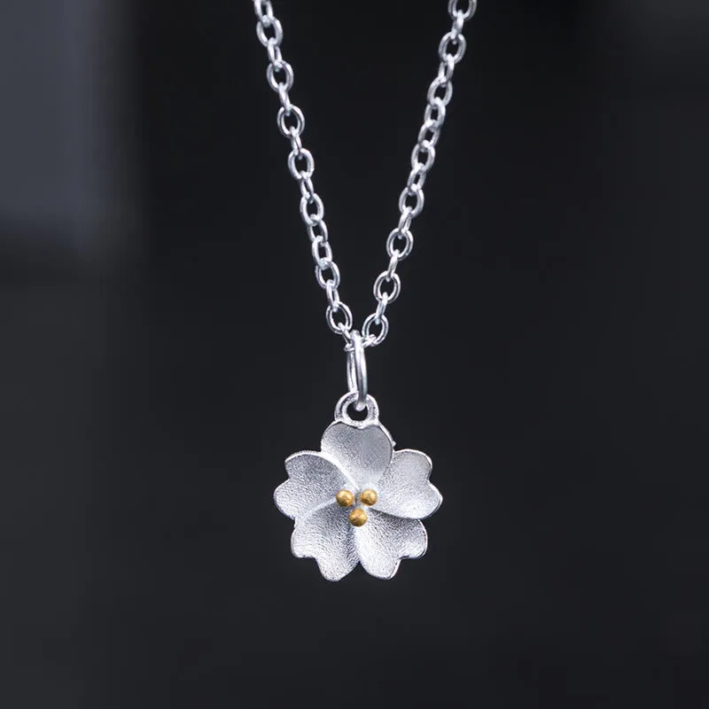 Buddha Stones 925 Sterling Silver Cherry Blossom Flower Blessing Necklace Pendant