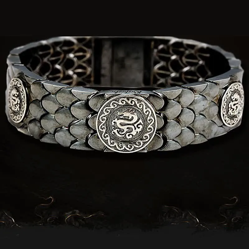 Buddha Stones 925 Sterling Silver Dragon Scales Luck Success Bracelet Bangle