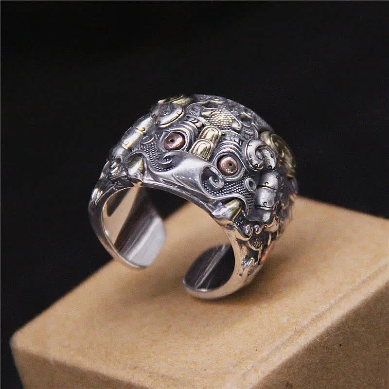 Buddha Stones 925 Sterling Silver Fengshui Kui Cattle Protection Adjustable Ring