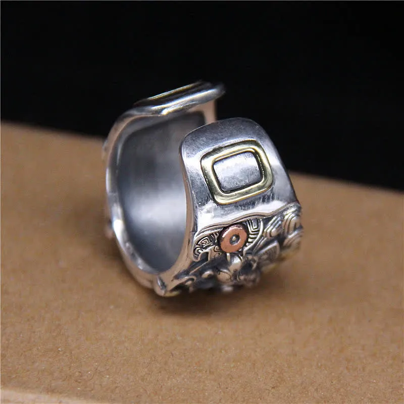 Buddha Stones 925 Sterling Silver Fengshui Kui Cattle Protection Adjustable Ring