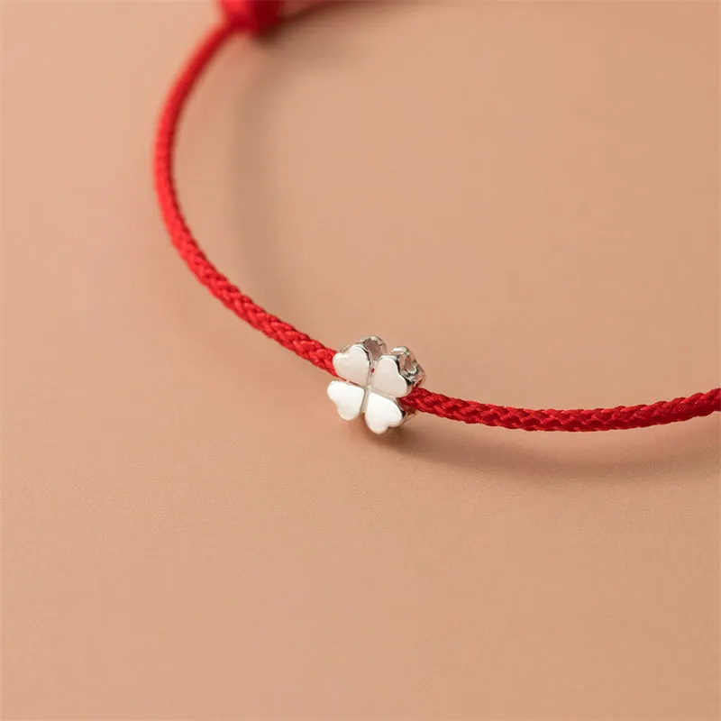 Buddha Stones 925 Sterling Silver Four Leaf Clover Red Rope Bracelet