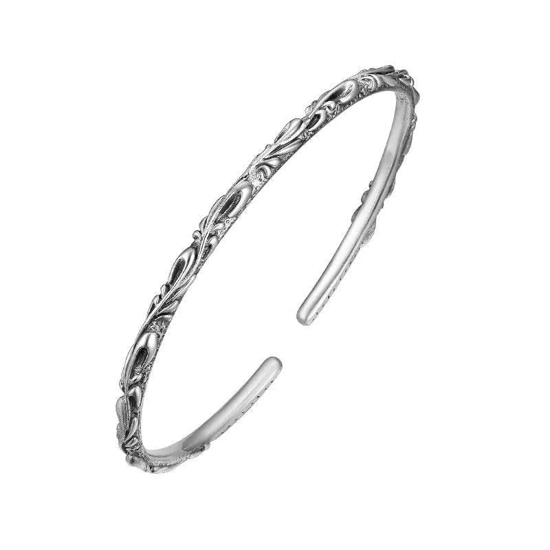 Buddha Stones 925 Sterling Silver Handmade Vines Engraved Protection Bracelet Bangle