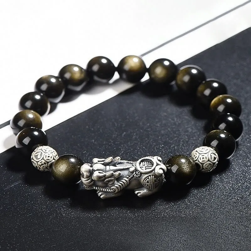 Buddha Stones 925 Sterling Silver Natural Gold Sheen Obsidian PiXiu Wealth Protection Bracelet