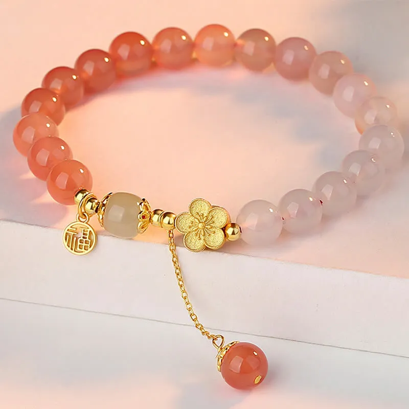 Buddha Stones 925 Sterling Silver Natural Gradient Agate Hetian Jade Fu Character Peach Blossom Flower Fortune Bracelet