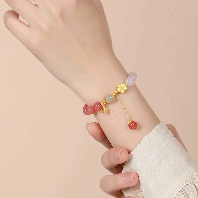 Buddha Stones 925 Sterling Silver Natural Gradient Agate Hetian Jade Fu Character Peach Blossom Flower Fortune Bracelet