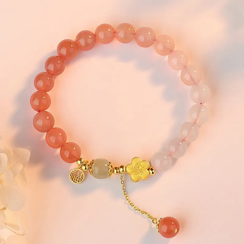 Buddha Stones 925 Sterling Silver Natural Gradient Agate Hetian Jade Fu Character Peach Blossom Flower Fortune Bracelet