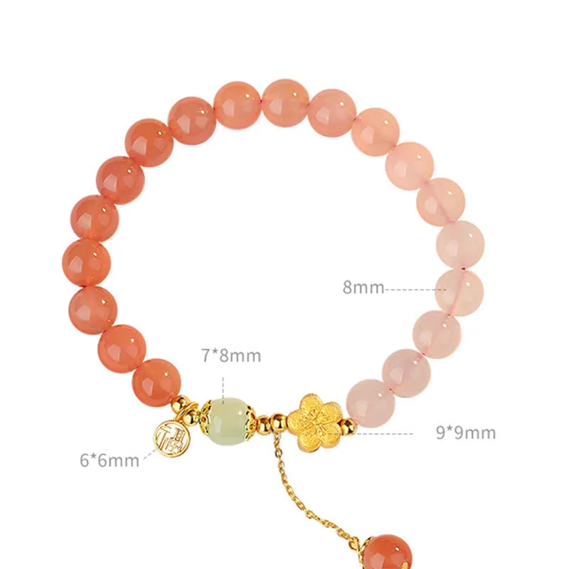 Buddha Stones 925 Sterling Silver Natural Gradient Agate Hetian Jade Fu Character Peach Blossom Flower Fortune Bracelet