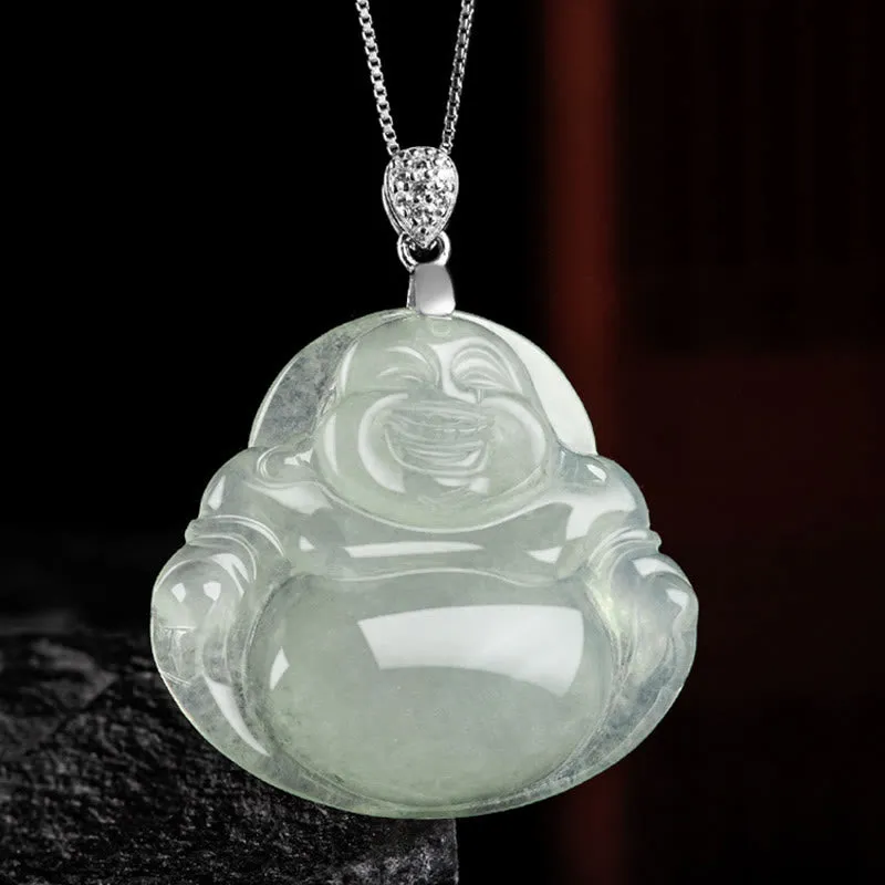 Buddha Stones 925 Sterling Silver Natural Jade Laughing Buddha Prosperity Abundance Chain Necklace Pendant