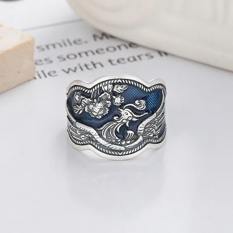 Buddha Stones 925 Sterling Silver Phoenix Peony Flowers Carved Luck Adjustable Ring