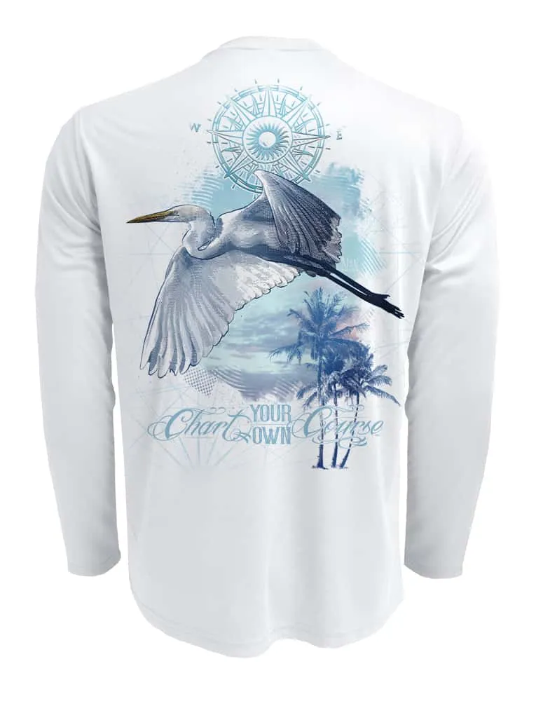 Men's Egret Sunblock Beach Shirt by Chart Your Own Course | Long Sleeve | UPF 50 Sun Protection | Performance Polyester Rash Guard |