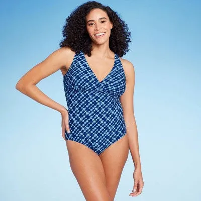 New - Lands' End Women's UPF 50 Full Coverage Tummy Control V-Neck One Piece Swimsuit - Blue S