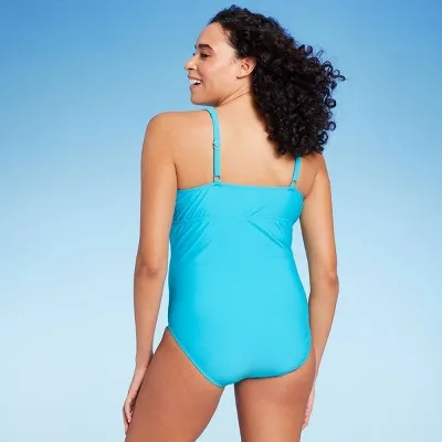 New - Lands' End Women's V-Neck One Piece Swimsuit Tummy Control, Turquoise Blue S