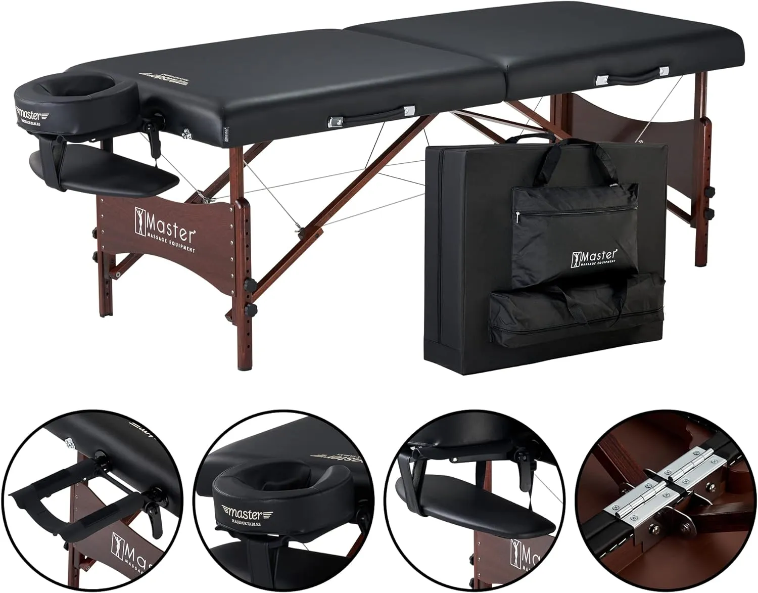 Portable Massage Table with Denser 2.5" Cushion - Walnut Stained Hardwood, Steel Support Cables, Pillows & Accessories, Black 30 Inches