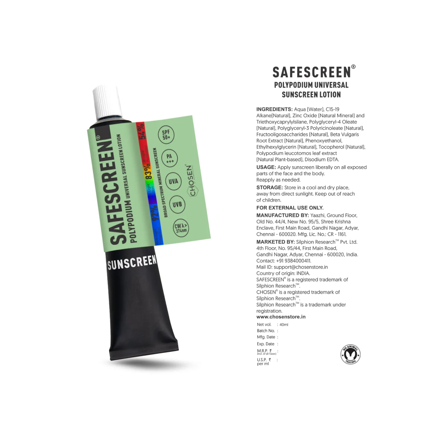 SAFESCREEN® Polypodium Universal Sunscreen Lotion SPF 50  - Broad Spectrum Protection, Lightweight & Water-Resistant Formula for All Skin Types